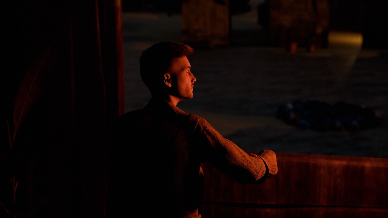 Tyler dans le village sur l'île de Mantra